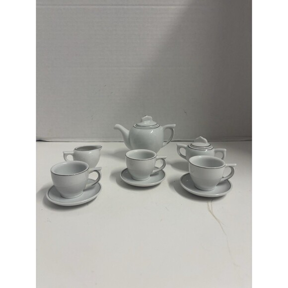 11 Piece Ceramic Tea set Playtime Tea Time White Silver Glossy - Picture 1 of 11